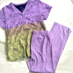 Maevn Scrubs Set Pants Top Floral Purple and Yellow Medium